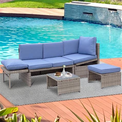 Runesay Wicker Outdoor Chaise Lounge with Blue Cushions Sofa Set 4-Piece 5-Seater Patio Garden ...