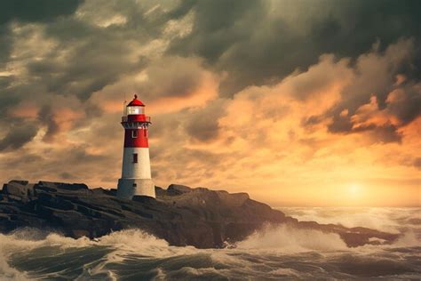 Premium AI Image | Lighthouse by the ocean at beautiful sunset seascape