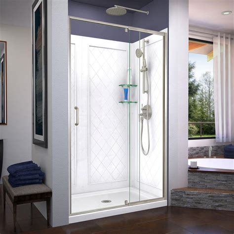 DreamLine Flex 48 in. x 72 in. Semi-Frameless Pivot Shower Door in Brushed Nickel with 48 in. x ...