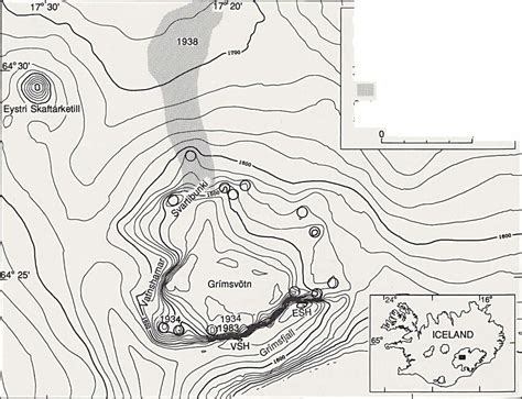 Grímsvötn ice surface map. ESH: Svíahnúkur Eystri, VSH: Svíahnúkur ...