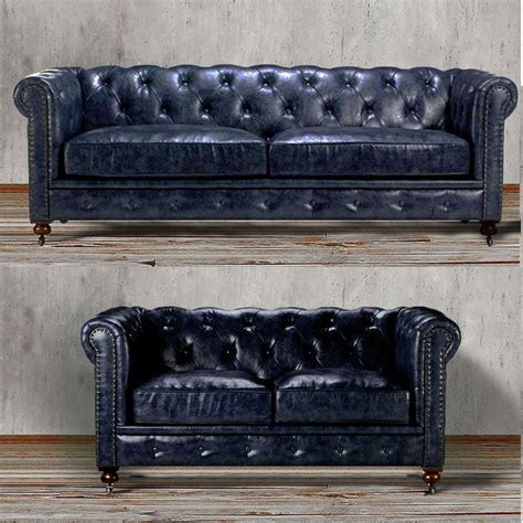 Chesterfield Sofa Loveseat Blue Leather Tufted Tuxedo Navy Couch Living Room SET | Love seat ...