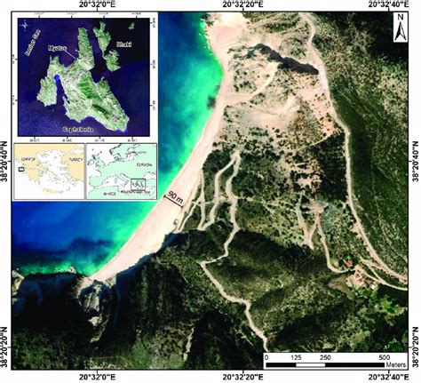 Location map of Myrtos beach. The insets show the study site at... | Download Scientific Diagram