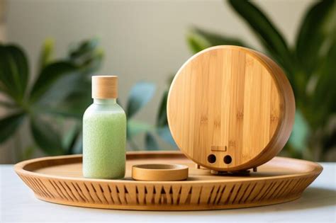 Premium AI Image | Bamboo diffuser on a wooden tray with palm leaf