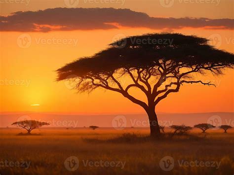 Mesmerizing view of the silhouette of a tree in the savanna plains ...