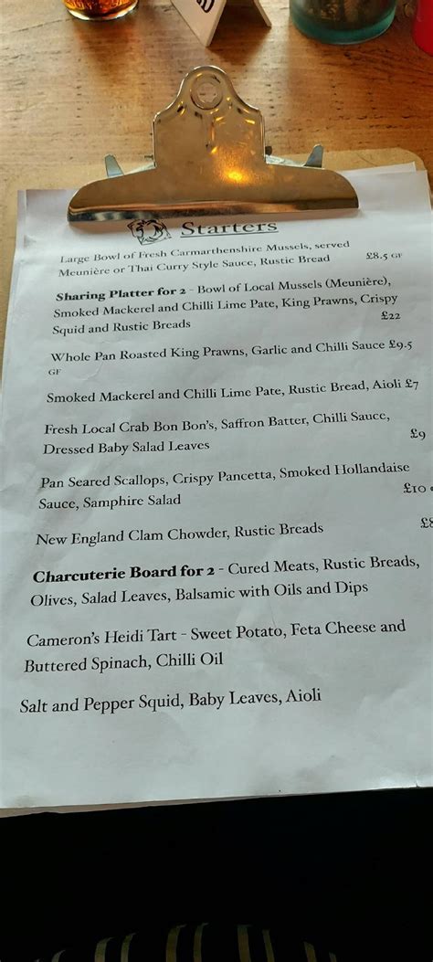 Menu at The Stone Crab restaurant, Saundersfoot