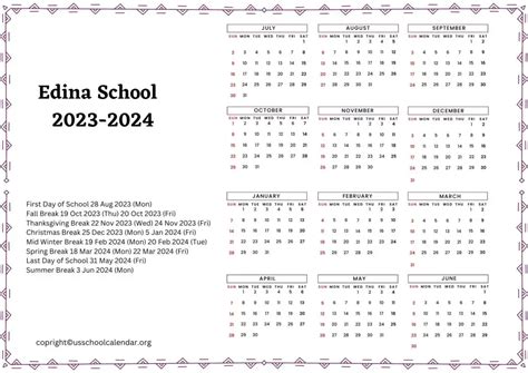 Edina School Calendar with Holidays 2023-2024