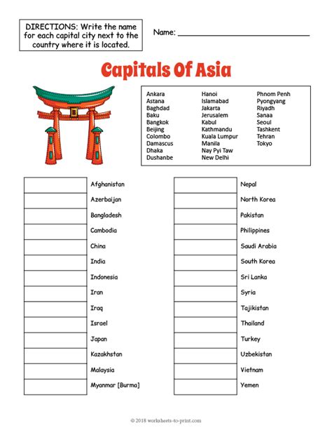 Capitals Of Asia Geography Worksheet