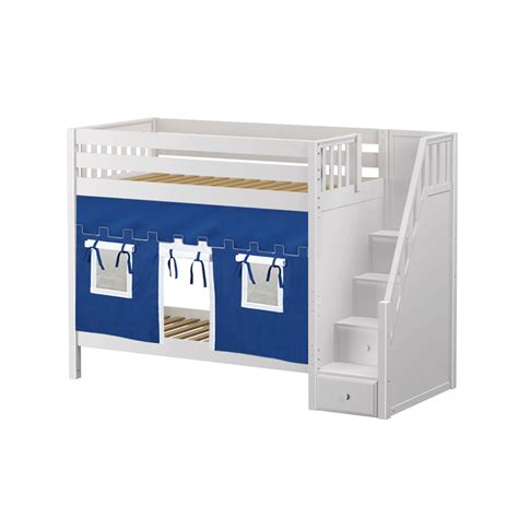 Twin High Bunk Bed with Stairs + Curtain - Blue + White White Slat ...