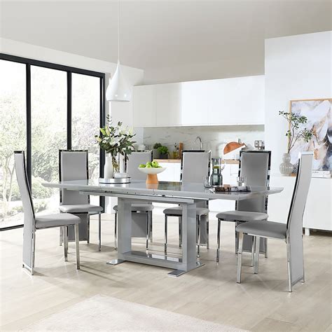 Tokyo Extending Dining Table & 8 Celeste Chairs, Grey High Gloss, Light ...