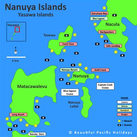 Map of Nanuya Island in Fiji Islands showing Hotel Locations