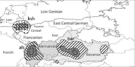 Language area of Alemannic (als), Bavarian (bar) and Ripuarian (ksh).... | Download Scientific ...