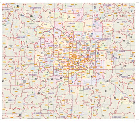 Minneapolis - St Paul 5 Digit Zip code Basic Overview - Laminated – Hedberg Maps