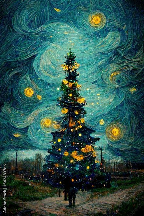 Abstract Christmas tree in style of Van Gogh , digital painting art ...