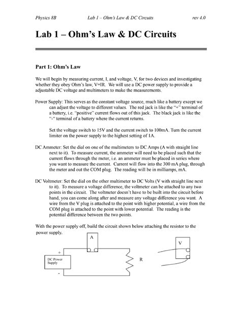 Lab 1-Ohm s Law and DC Circuits - PHYSICS 8B - Studocu