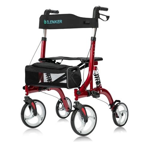 ELENKER Rollator Walker with Seat, 10”Front Wheels, with Shock Absorber & Carrying Pouch ...