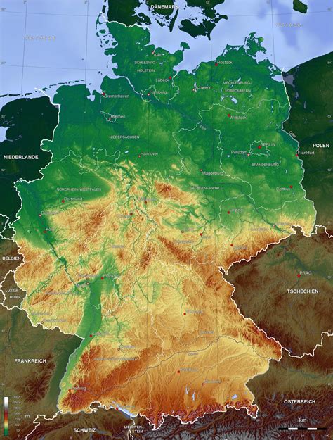 Physical map of Germany - Germany elevation map (Western Europe - Europe)