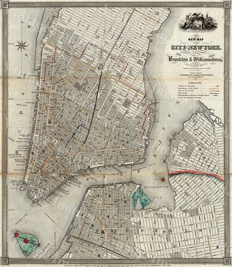 1840 Old Map Of New York City Vintage Manhattan Map Brooklyn