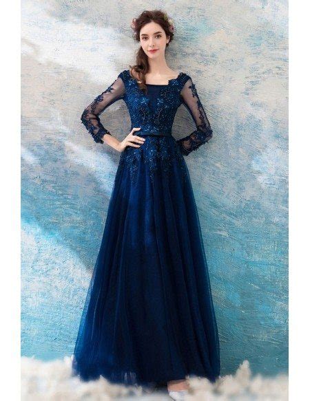 Dark Navy Blue Beaded Lace Long Prom Dress Tulle With Long Sleeves Wholesale #T69298 - GemGrace.com