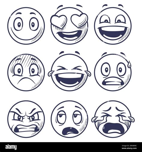 Sketch smiles. Doodle smiley in different emotions. Hand drawn smiling faces, emoticons vector ...