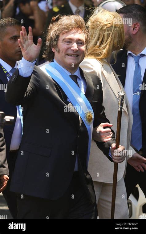 Buenos Aires, Argentina. 10th Dec, 2023. Javier Milei walks greeting his supporters on his way ...