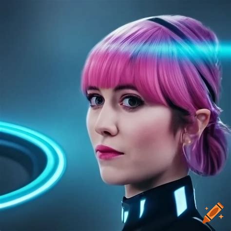 Cosplay of mary elizabeth winstead as tron legacy character on Craiyon