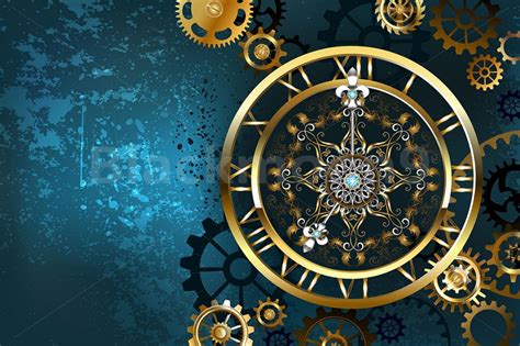Golden Clock on Turquoise Background ( Steampunk ) (36814) | Illustrations | Design Bundles ...