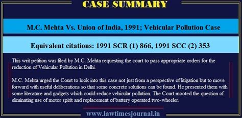 M.C. Mehta Vs. Union of India, 1991; Vehicular Pollution Case - Case Summary - Law Times Journal