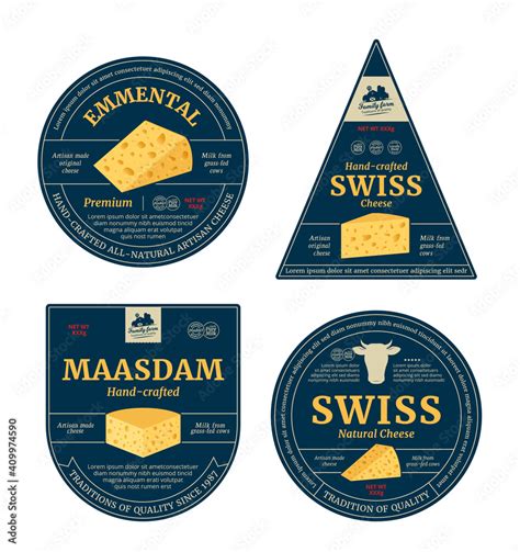 Vector swiss cheese labels and packaging design elements. Swiss cheese detailed icons Stock ...