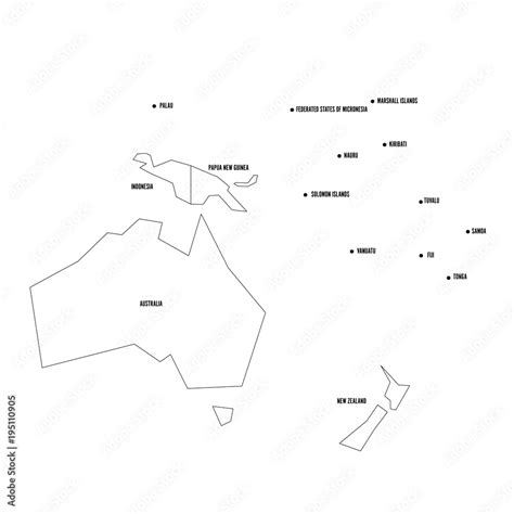 Political map of Australia and Oceania. Simplified thin black wireframe ...