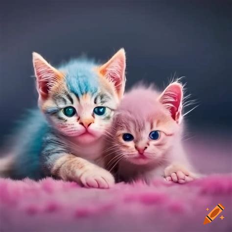 A two cute cat baby with pink and blue fur playing on Craiyon