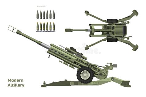 Modern Artillery. Isolated 3d Cannon. Top, Side View of Military Weapon ...