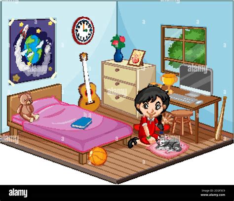 Part of bedroom of children scene with a girl in cartoon style ...