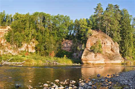 Sand Rocks In Amata River, Vidzeme Region, Latvia, Europe Stock Image - Image of bush, landscape ...