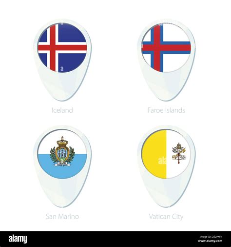 Iceland, Faroe Islands, San Marino, Vatican City flag location map pin ...