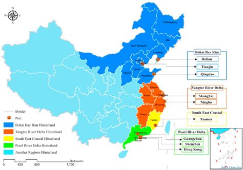 Nine container ports and their hinterlands in China. (Vector data ...