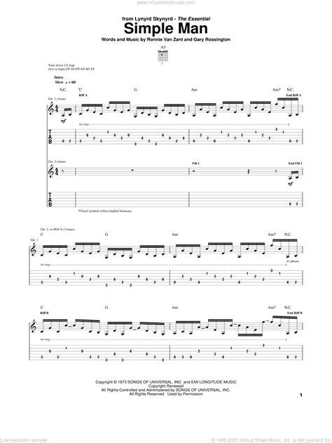 Simple Man sheet music for guitar (tablature) (PDF)