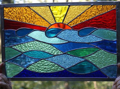 OCEAN SUNSET Stained Glass Panel Window Suncatcher Original Design ...
