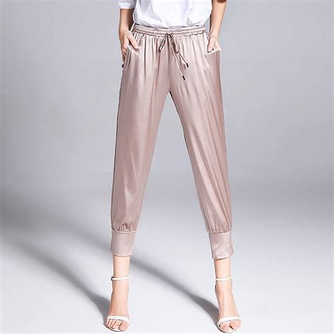 100% Silk Pants Women Hollow Out Design Solid Elastic Waist Pockets Pencil Trousers New Fashion ...