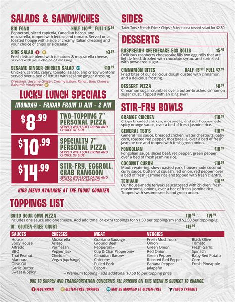 Fong's Pizza menu in Des Moines, Iowa, USA