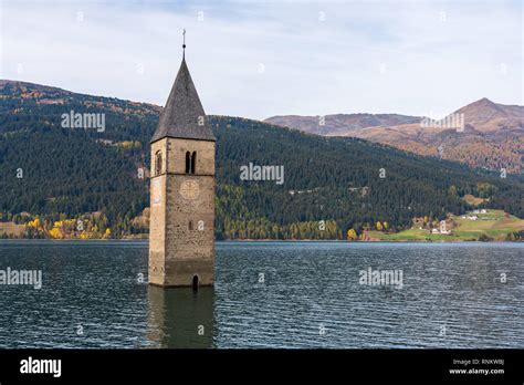 The famous bell tower in the Lake of Reschen - Lago di Resia in South ...