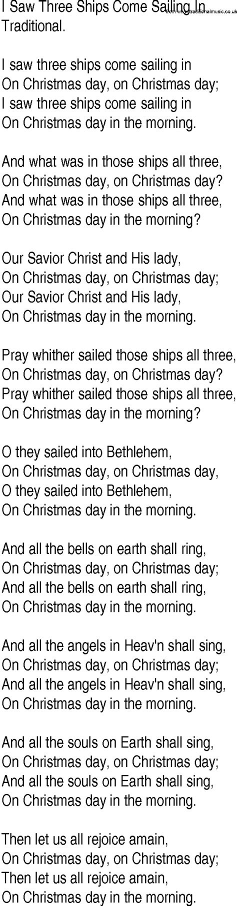 Hymn and Gospel Song Lyrics for I Saw Three Ships Come Sailing In by Traditional