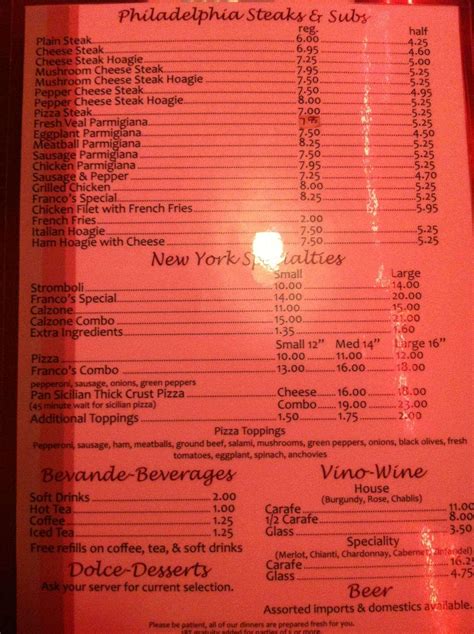 Franco's Italian Menu, Menu for Franco's Italian, Central Norfolk ...