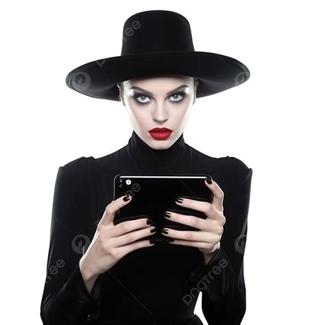 Halloween, Witch In Black Suit With Red Lips Grimaces Into The Phone Camera, Terror, Horror PNG ...