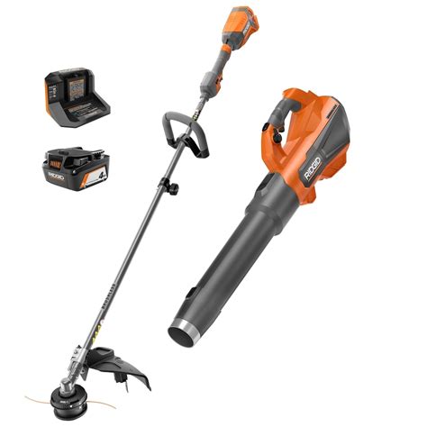 RIDGID 18V Brushless Cordless Battery String Trimmer & Leaf Blower Kit with 4.0Ah Battery ...