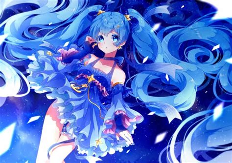 blue hair, Blue eyes, Vocaloid, Hatsune Miku, Blue dress, Twintails, Anime, Anime girls ...