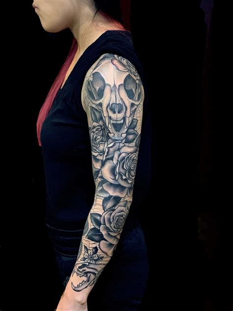 Arm Black & Grey Flowers Skull Sleeve Tattoo - Slave to the Needle