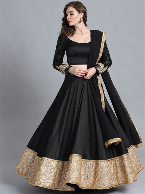 Buy Bollywood Vogue Black Sequinned Made To Measure Umbrella Lehenga & Blouse With Dupatta - - A ...