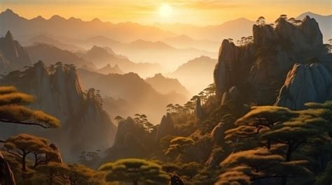 Premium AI Image | Beautiful Huangshan mountains landscape at sunrise in China Generative AI