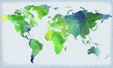 World Map Blue And Green Watercolor Painting by Irina Sztukowski - Fine ...