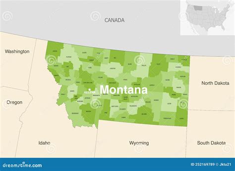 Montana State Counties Vector Map with Neighbouring States and ...